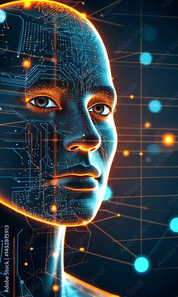 Poster exploring digital transformation through artificial intelligence and futuristic design elements