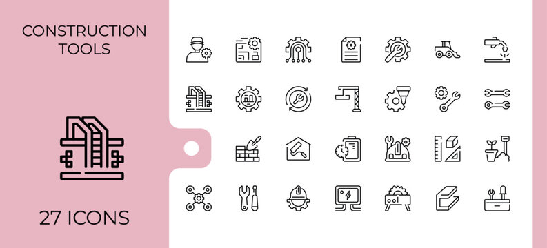Construction Tools line icon set. Minimal icons collection. Includes symbols for equipment, mechanic, work, house. Editable stroke. Pixel Perfect. Tool simple icon set.