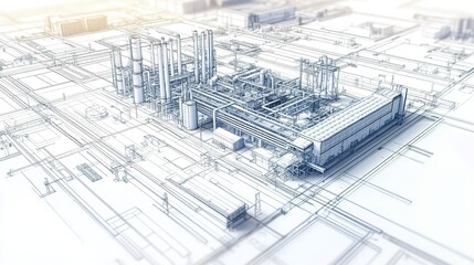 Blueprint-style industrial facility sketch with tanks and pipelines.