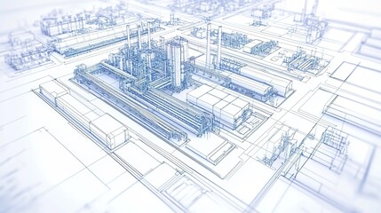 Blueprint-style industrial facility sketch with tanks and pipelines.