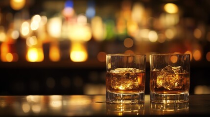 Whiskey drinks on bar counter with blur bottles on background