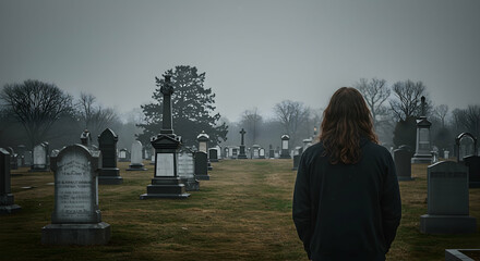 Person Stands Among Tombstones in Foggy Cemetery Landscape