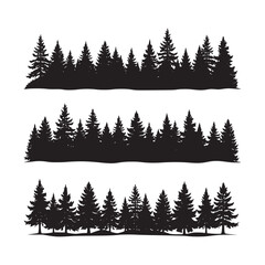 Fototapeta premium Pine trees silhouettes. Evergreen coniferous forest silhouette, nature spruce tree park view vector illustration. Coniferous woods silhouette