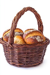 Rustic wicker basket filled with freshly baked sourdough bread rolls and a soft bun on white background capturing the essence of artisanal baking and culinary delight