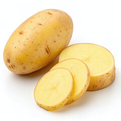 Whole Yellow Potato and Several Slices on a Seamless White Background