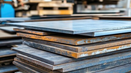 Steel Plates Stacked in Factory Warehouse.