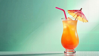 Refreshing tropical cocktail with ice and umbrella, summer vibes