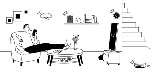 Smart home, man using smart home control system in smartphone. Various electronics with smart functions. Vector doodle illustration, banner