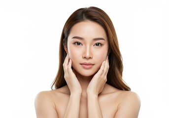 Beautiful young woman with smooth perfect skin touching face spa girl care girl