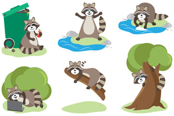 Cute raccoon animal in various action poses. Vector cartoon funny mascot set