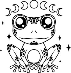 Boho style illustration, line art frog with moon cycle