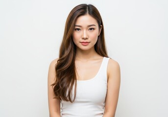 Beautiful asian woman portrait studio shot white background girl face hair long