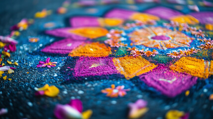 Obraz premium Traditional Indian Rangoli with Color Powders and Flowers – Holi Festival Celebration Close-Up