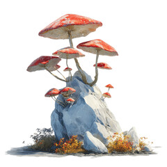 Enchanting Cluster of Red Mushrooms Growing on a Rock