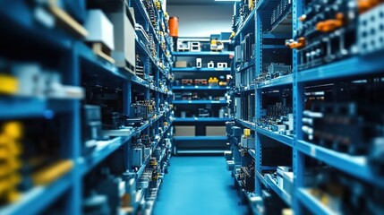 Fototapeta premium Industrial warehouse with blue metal shelves storing electronic components and boxes.
