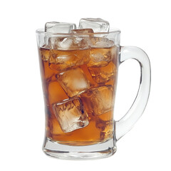 Iced beverage in a glass mug with white handle and ice cubes