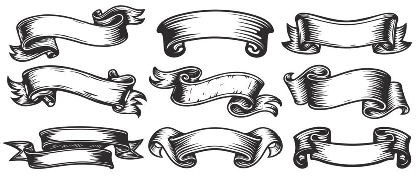 Set vintage ribbons curling, waving, creating sense of elegance, tradition, perfect for adding touch of classic style to any project.