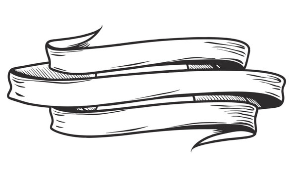 Hand drawn triple ribbon banner waving in wind, creating classic, elegant design element, ideal for vintage style projects.