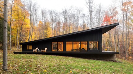 Fototapeta premium Modern Black Cabin with Autumn Forest Retreat.
