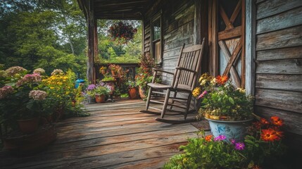 Obraz premium Rustic porch with rocking chair and flowers