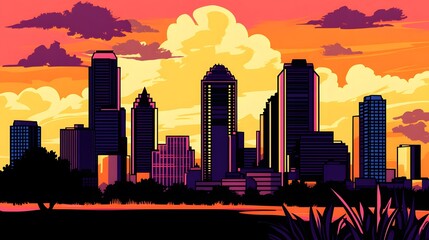 Fototapeta premium Vibrant Cityscape at Sunset Skyline Illustration