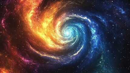 Spiral galaxy with glowing center and multicolored swirling arms in cosmic space.