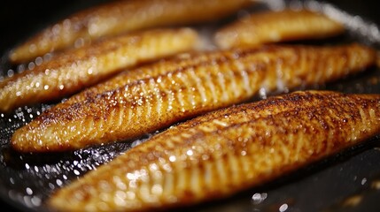 Pan seared fish fillets cooking close up