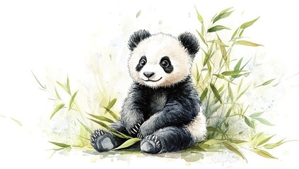 Obraz premium Watercolor painting of baby panda holding bamboo leaves with ink-splashed background.