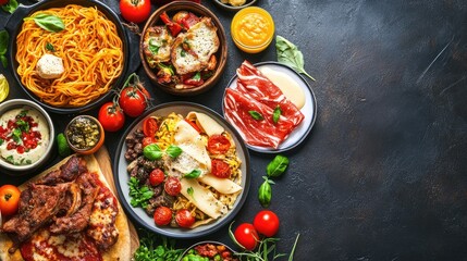 Italian Feast Delicious Pasta with Meat  Antipasto Platter.