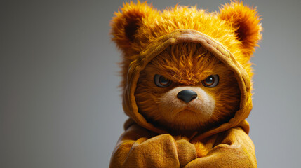 Cute but grumpy teddy bear in a hooded outfit with crossed arms, showing attitude and humor in a playful character portrait.
