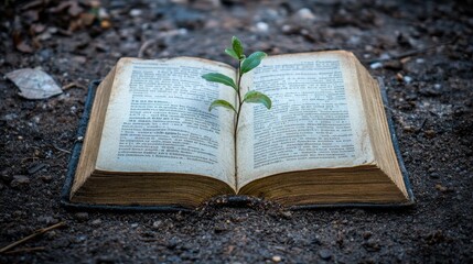 Obraz premium New Growth Sapling Sprouting from Antique Book in Soil.