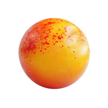 Glossy mango sorbet scoop with a twist of chili flakes, bright orange and red tones, rendered in 3D style with fine texture, pure white background.