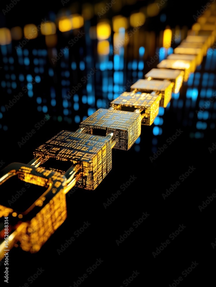 Poster Golden blockchain technology concept with digital blocks connected in a secure network on a dark background representing cryptocurrency and data encryption