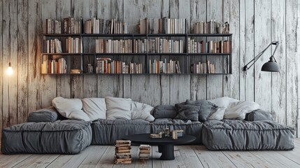 Cozy living room with a bookshelf and comfortable seating arrangements