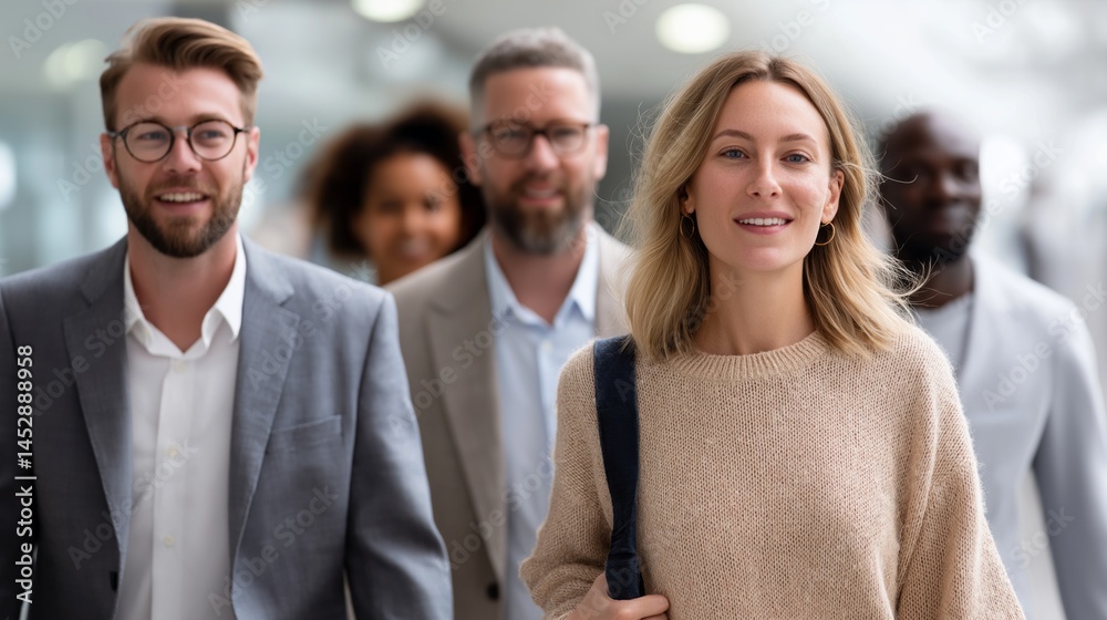 Poster a group of business professionals walks together in a bright office environment, exuding confidence 