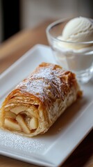 Indulge in elegance golden apple strudel with vanilla ice cream