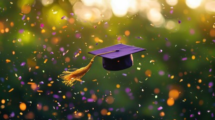 Celebrating graduation a floating cap amidst colorful confetti