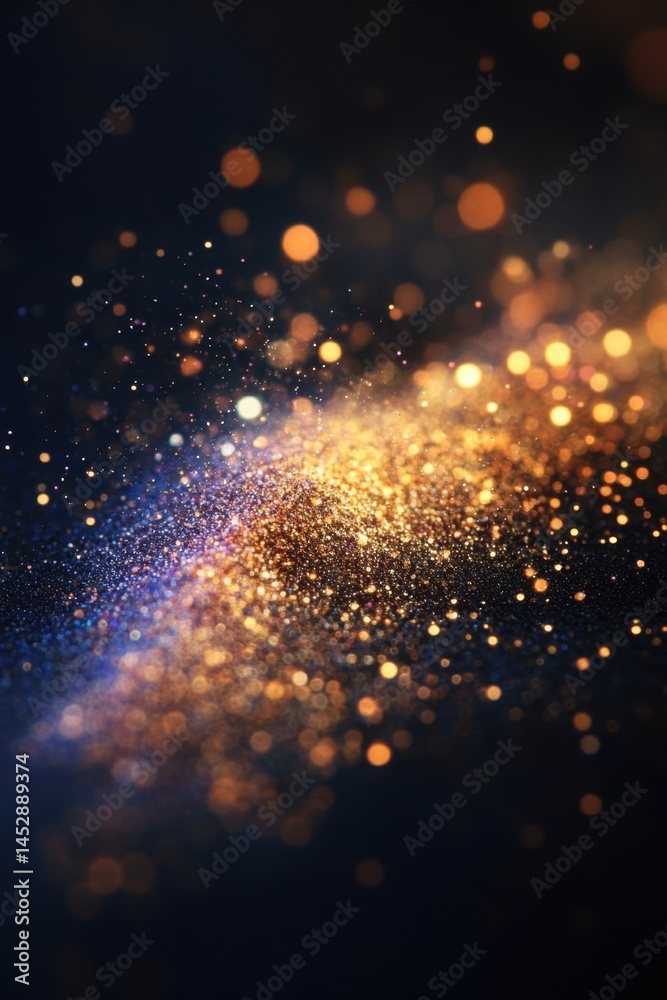 Wall mural abstract sparkling glitter texture with golden bokeh lights on dark background for festive design
