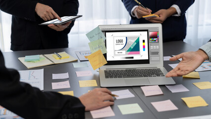 Graphic designer software for modern design of web page and commercial brisk ads showing on the...