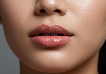 Fototapeta premium Closeup of beautiful woman lips with nude lipstick face skin pink care model