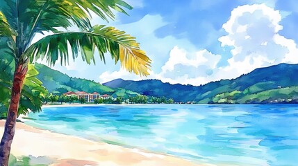 Tropical Beach Paradise Palm Tree with Turquoise Water, and Island Escape.