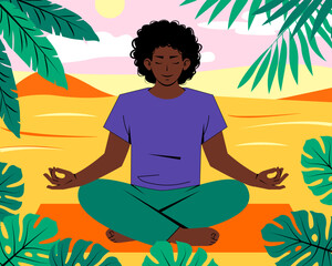 African American black man in sportswear meditates on open air. Oasis in desert with palm leaves. Toga practice concept. Healthy lifestyle, active recreation.