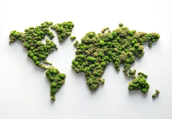 World map-shaped moss arrangement on white background.
