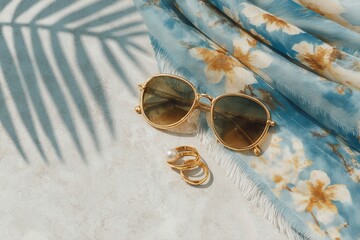Chic summer flatlay with sunglasses, gold rings and soft scarf on marble background with palm shadows, perfect for fashion editorials, branding mockups, or summer luxury promotions.