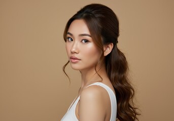 Beautiful asian woman portrait with brown hair and makeup girl face skin eyes