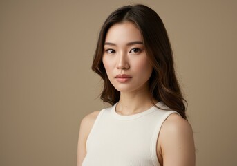 Obraz premium Beautiful asian woman portrait studio shot beige background face girl hair skin
