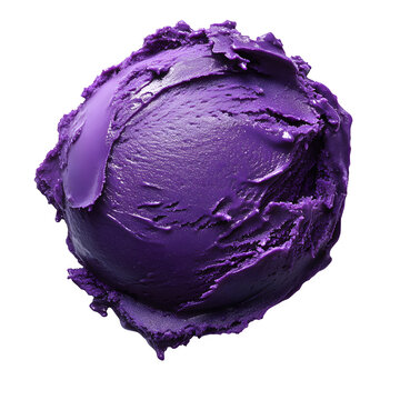 Scoop of vibrant purple ube ice cream with creamy texture and glossy finish, floating on white background with no shadow.
