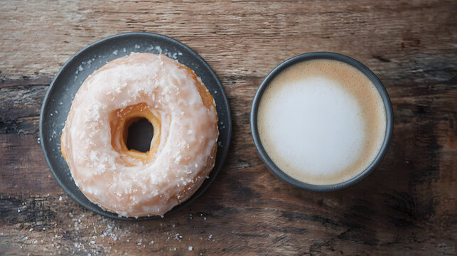 Delicious glazed donut on a plate beside a cup of frothy coffee on wooden background