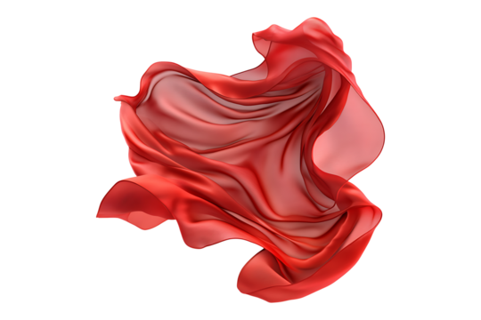 Flying red silk fabric isolated on transparent background.
