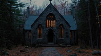 Obraz premium Stone church shrouded in a forest at twilight.